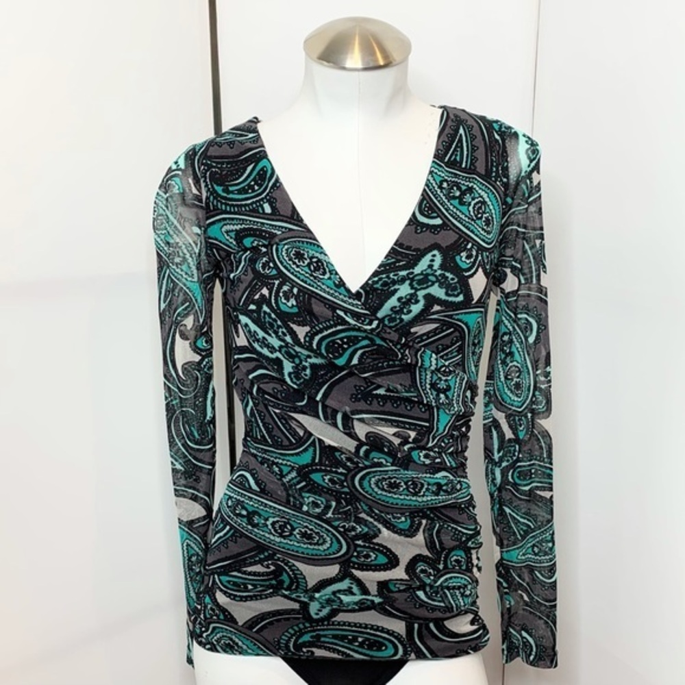 INC Nylon Surplice Long Sleeve Green Paisley Top